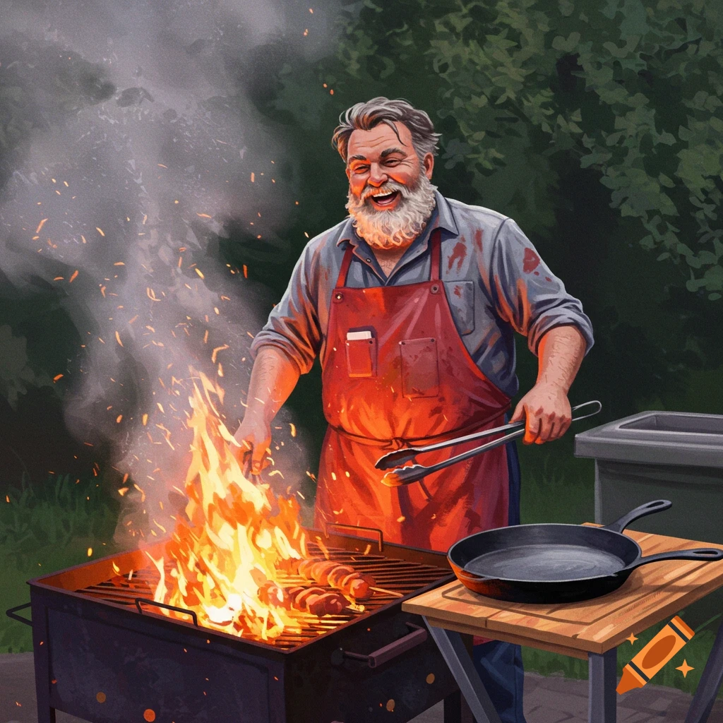 A cheerful bearded man in a red apron grills sausages over a large fire, in an outdoor illustration.