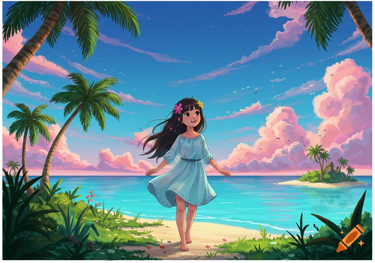 A vibrant anime-style illustration of a girl walking on a tropical beach with palm trees and a small island under a colorful sky.