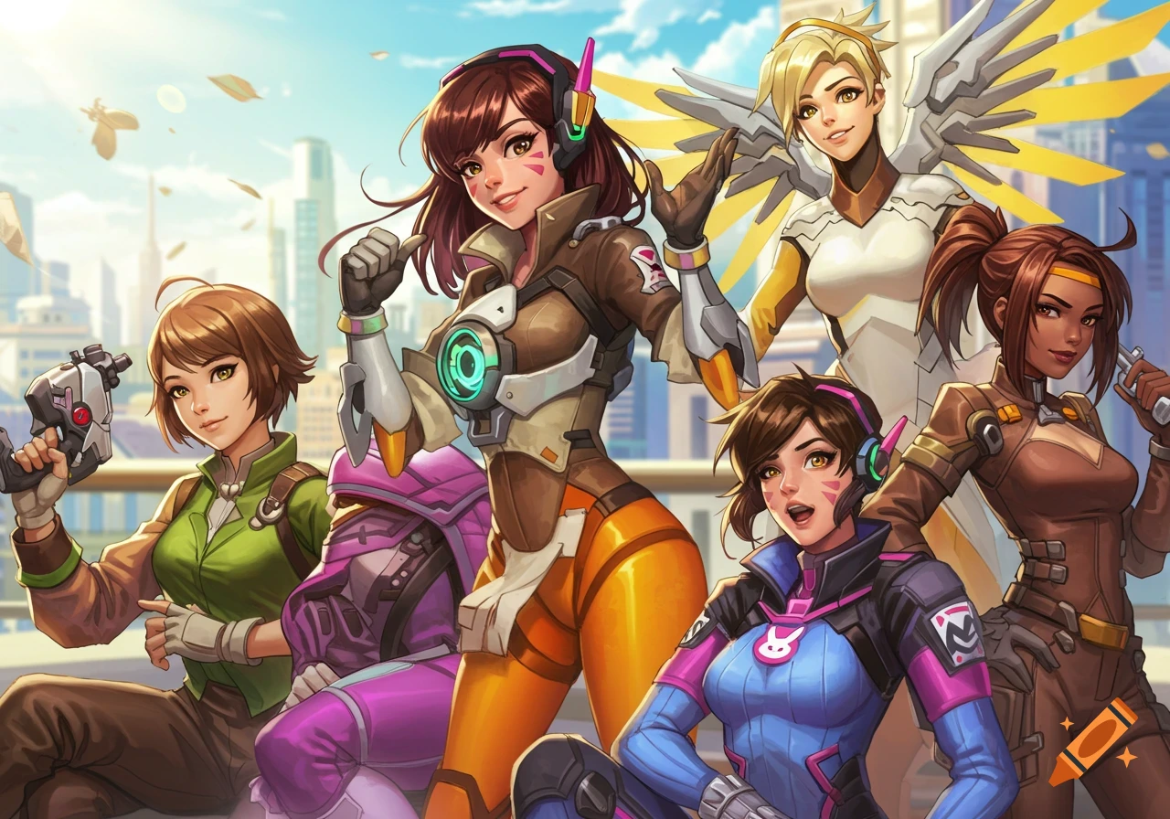 Stylized group portrait of five female Overwatch characters, including D.Va, Mercy, and Tracer, posing outdoors in a city.
