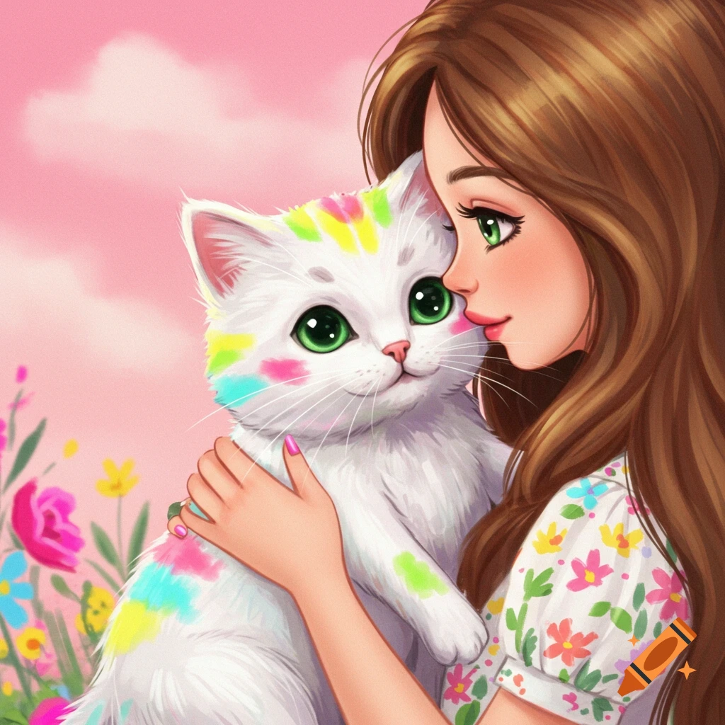 Illustrated image of a girl hugging a cute white cat with colorful paint spots, against a pink sky and flowers.