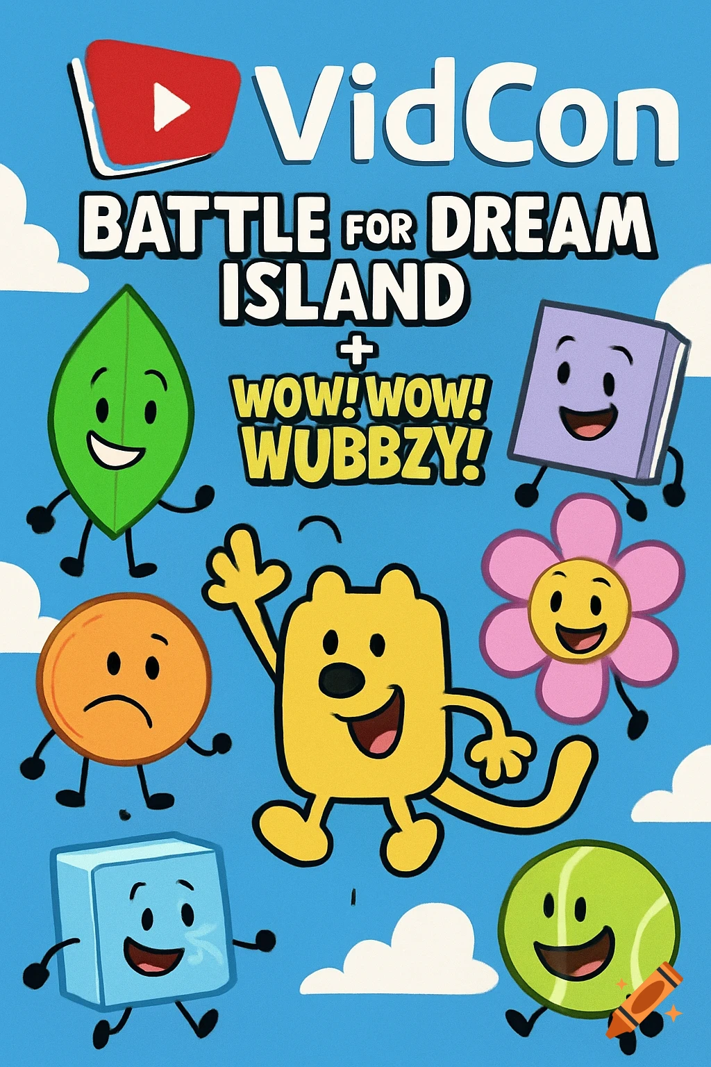 Cartoon poster with YouTube logo and characters from Battle for Dream Island and Wow! Wow! Wubbzy! Text reads 'VidCon Battle for Dream Island + Wow! Wow! Wubbzy!'.