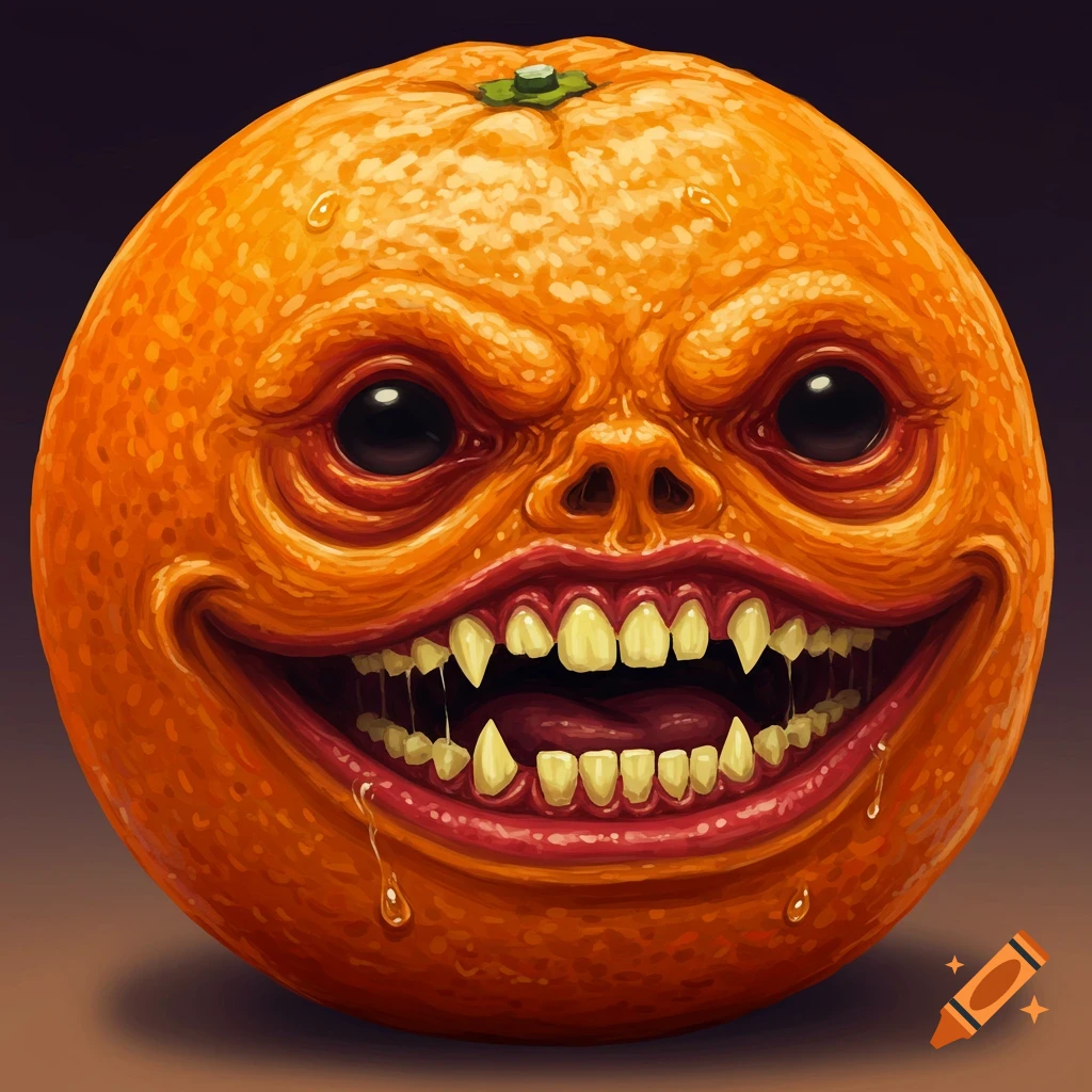 A large, realistic orange with a grotesque, scary face, featuring large eyes, a wide mouth, and sharp fangs.