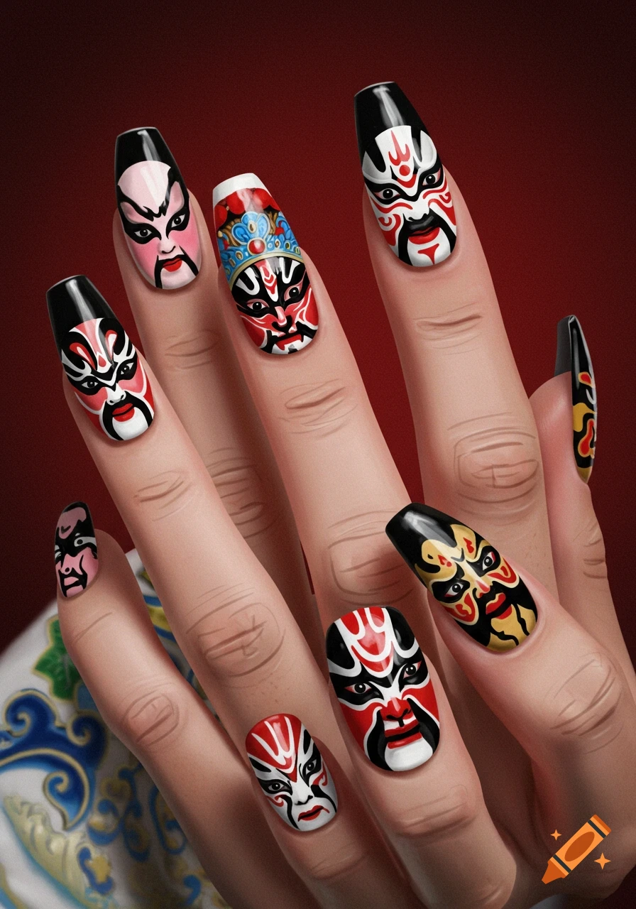 Close-up of a hand with long, decorated fingernails, each painted with intricate colorful Peking Opera mask designs on a red background.