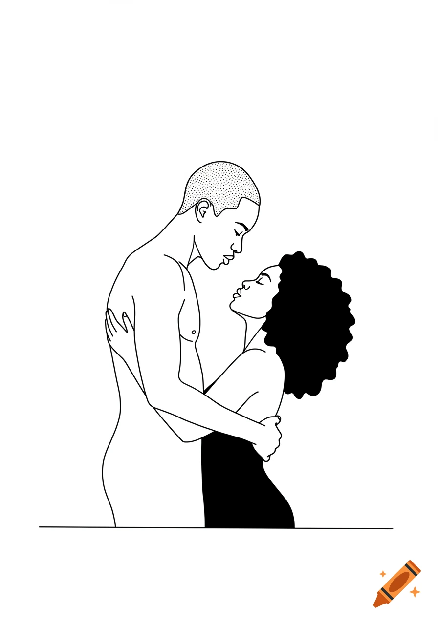 Line art illustration of a Black couple embracing. The man, with a shaved head, looks down at the woman, who has curly hair and looks up at him.