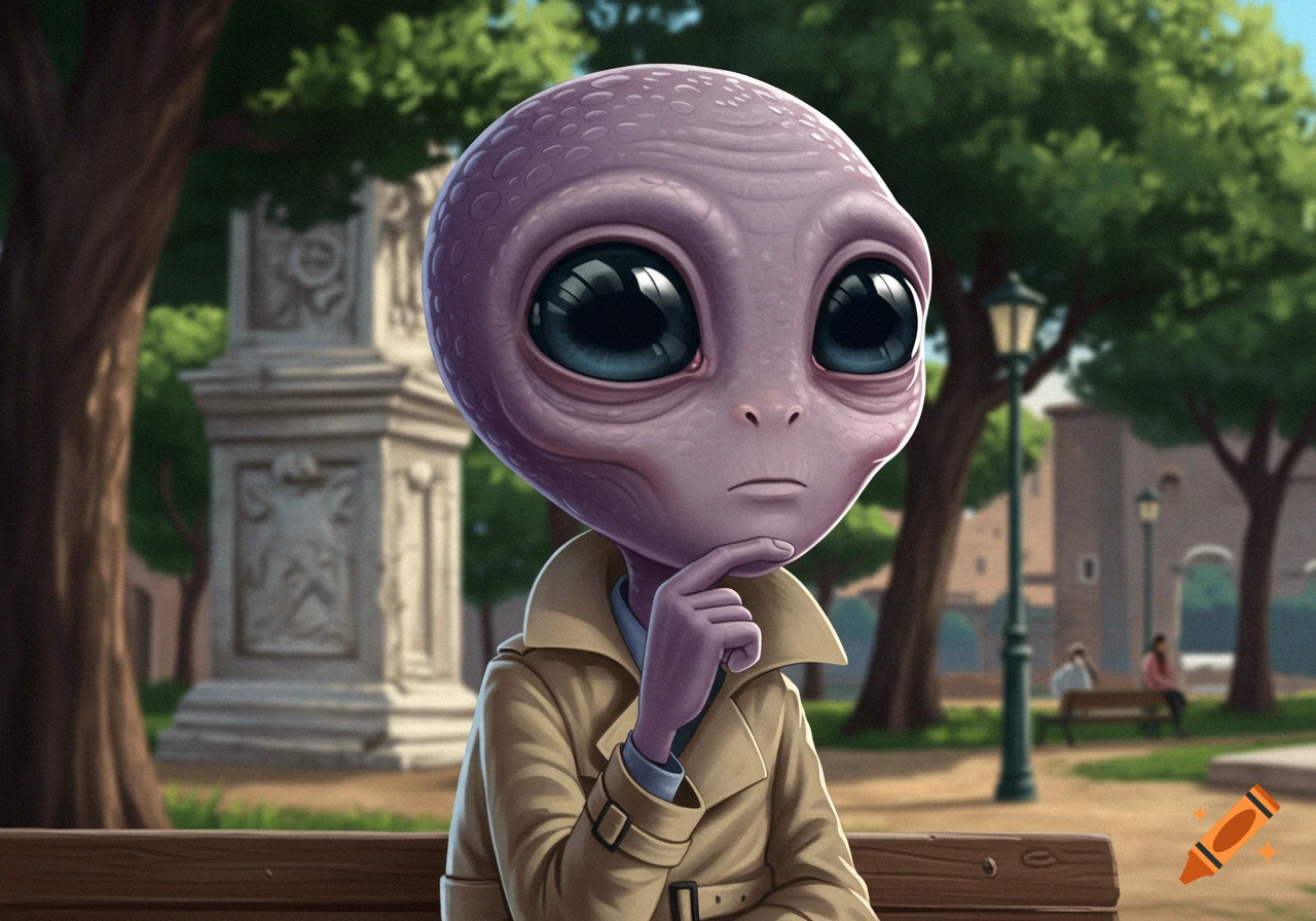 A thoughtful cartoon alien wearing a trench coat sits on a bench in a Roman park, with large expressive eyes.