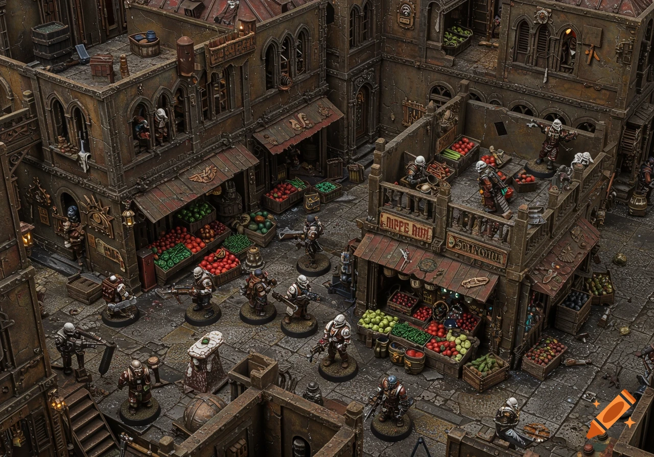 Elevated view of a detailed Warhammer 40k miniature diorama of a grimdark high street market with shops and figures.