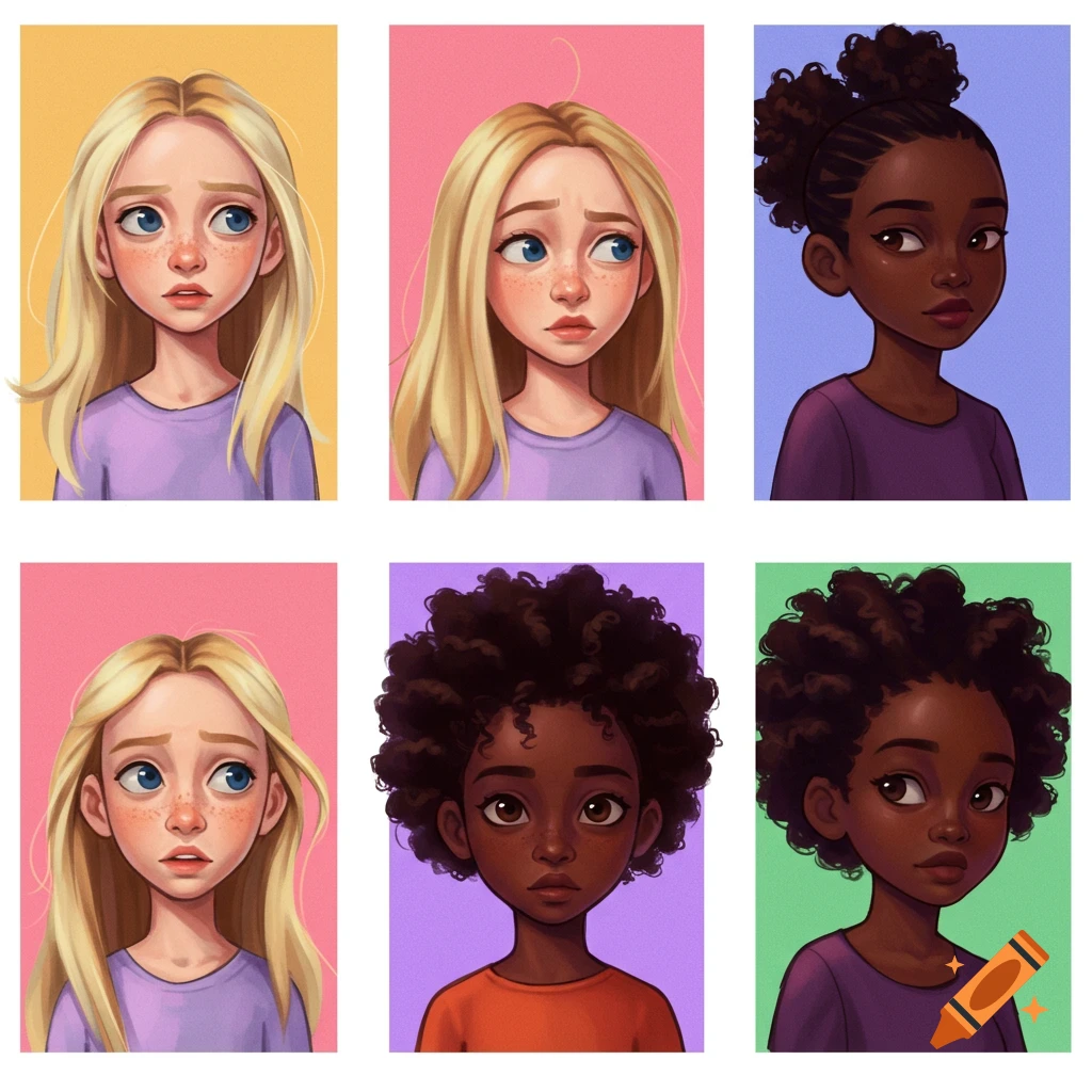 A grid of six stylized cartoon portraits of young girls, showing diversity in hair color, skin tone, and hair styles.