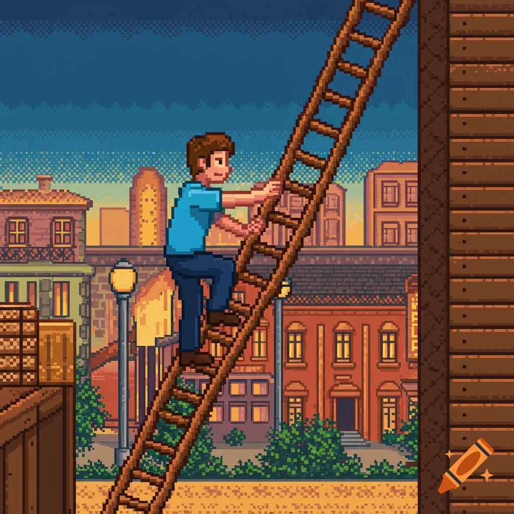 A pixel art man in a blue shirt and jeans climbs a tall wooden ladder against a city backdrop with buildings and a sunset sky.