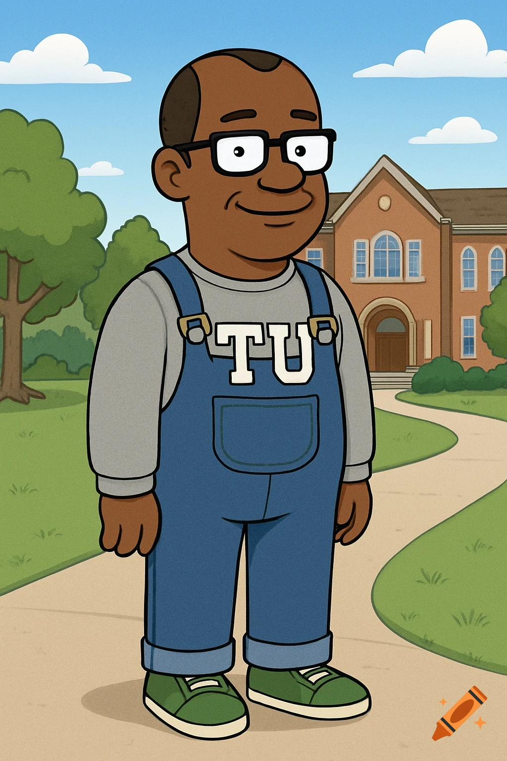 A cartoon African American man in overalls and glasses stands outside a college campus.