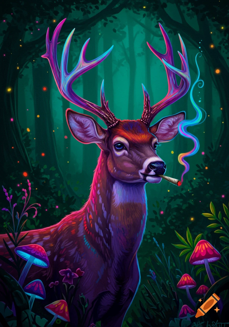 A vibrant, colorful fantasy illustration of a deer smoking a blunt in an enchanted forest with glowing mushrooms.