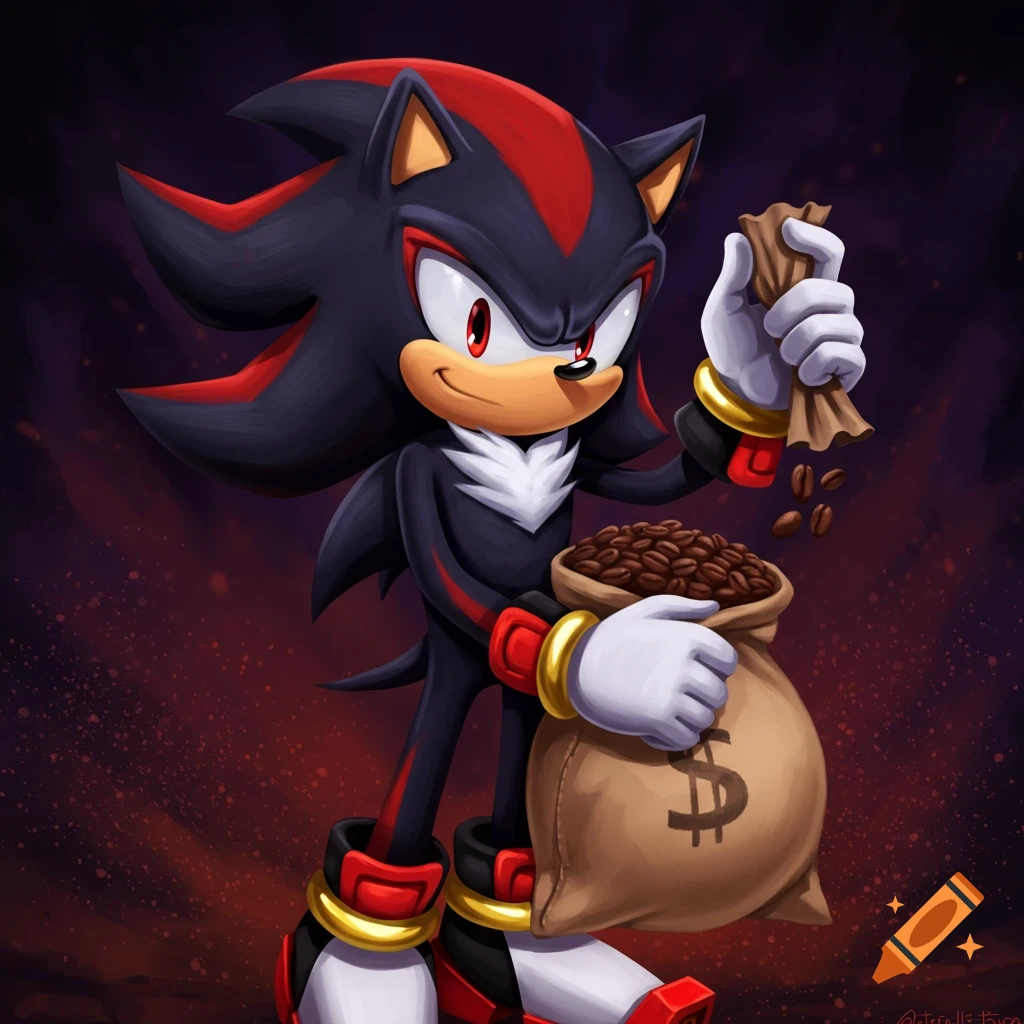 Shadow the Hedgehog stands holding a large sack of coffee beans and spilling some from a smaller pouch in a cartoon style.