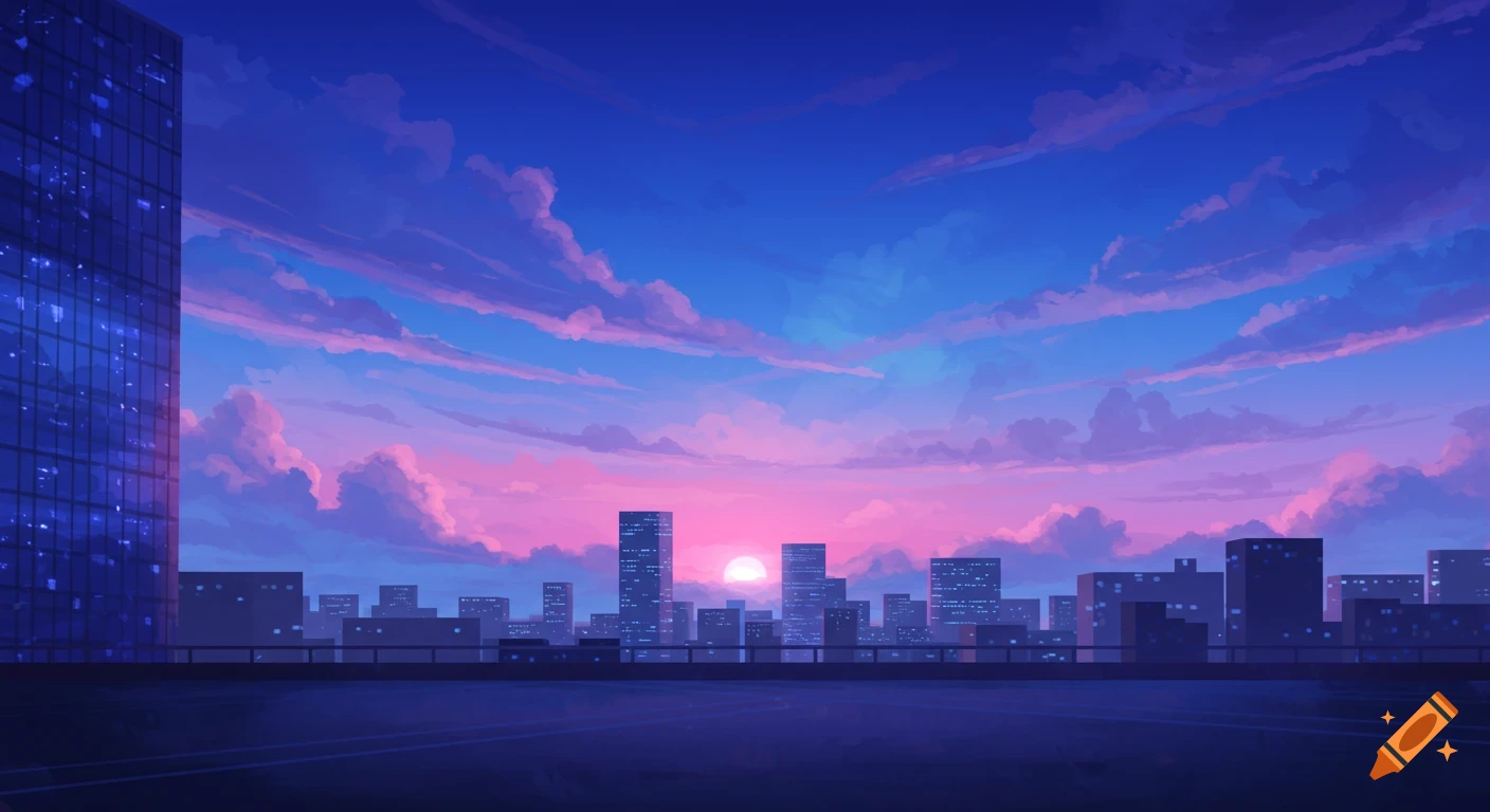 A stylized cityscape at sunrise with a vibrant pink and blue sky over silhouetted buildings.