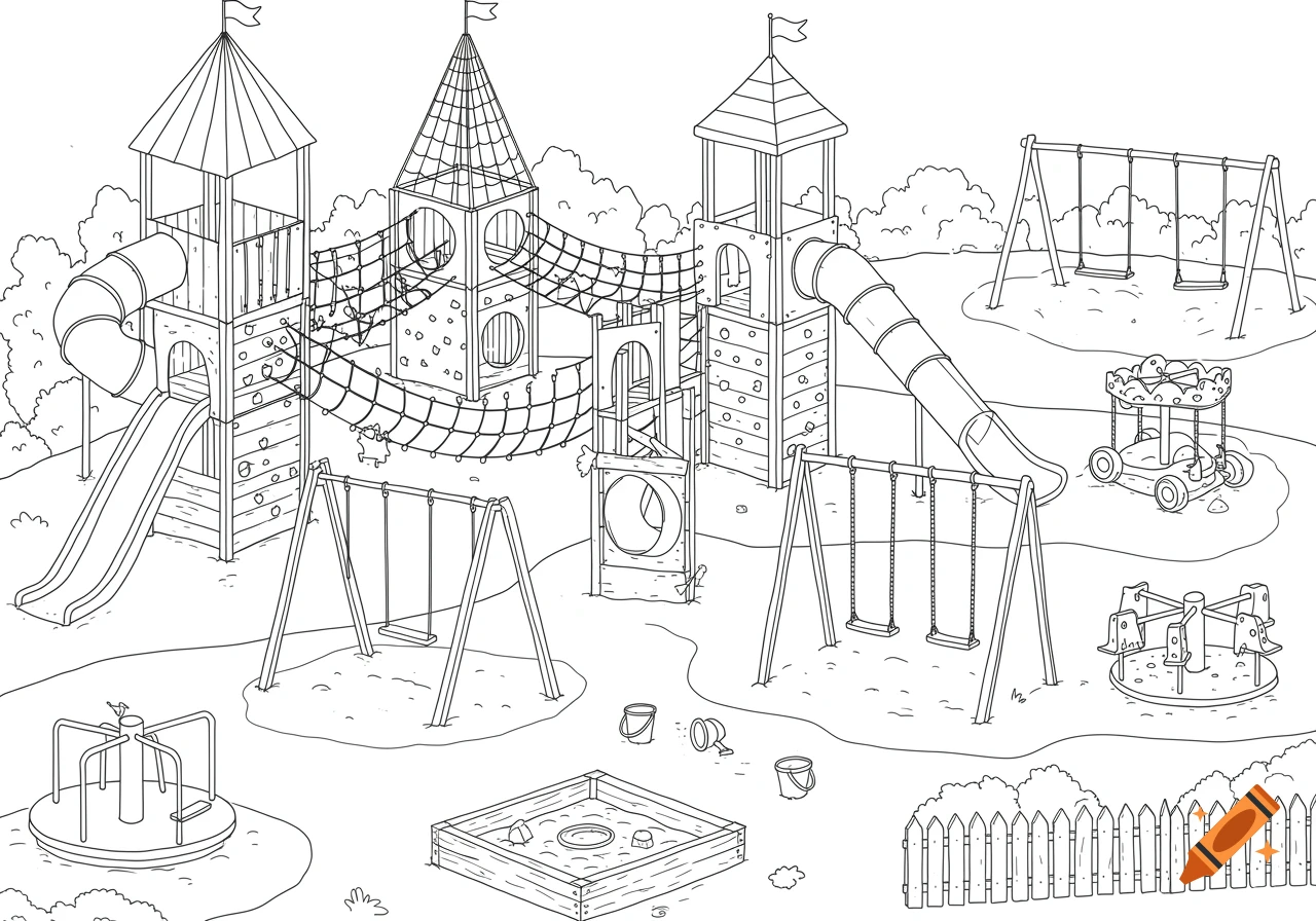 Line art drawing of a large children's playground with slides, swings, climbing frames, a sandbox, and merry-go-rounds.