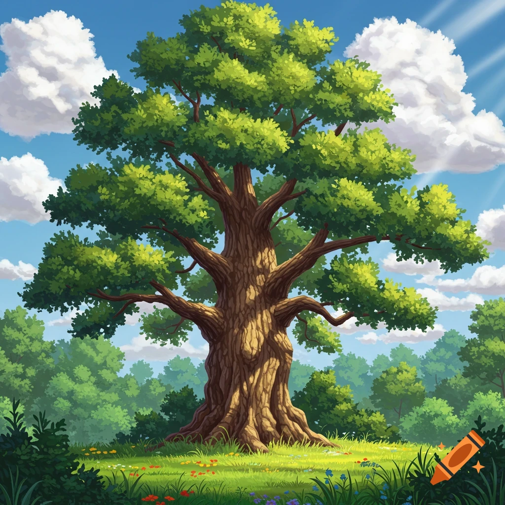 A large, sturdy green tree stands in a vibrant grassy field under a bright blue sky with white clouds in an illustrative style.
