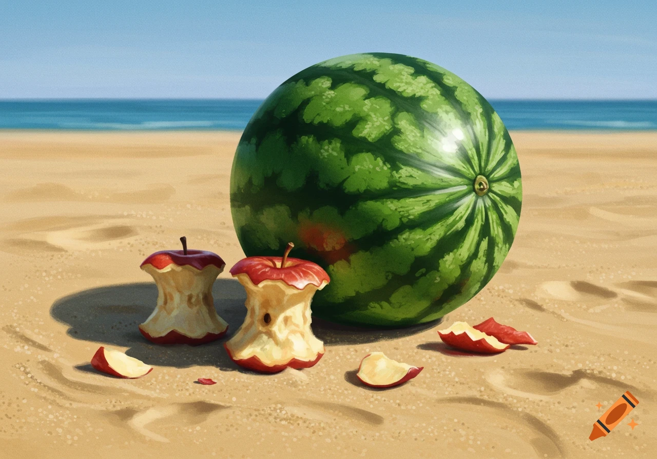 A large watermelon and two apple cores with scattered apple pieces on a sandy beach with the ocean in the background under a blue sky.