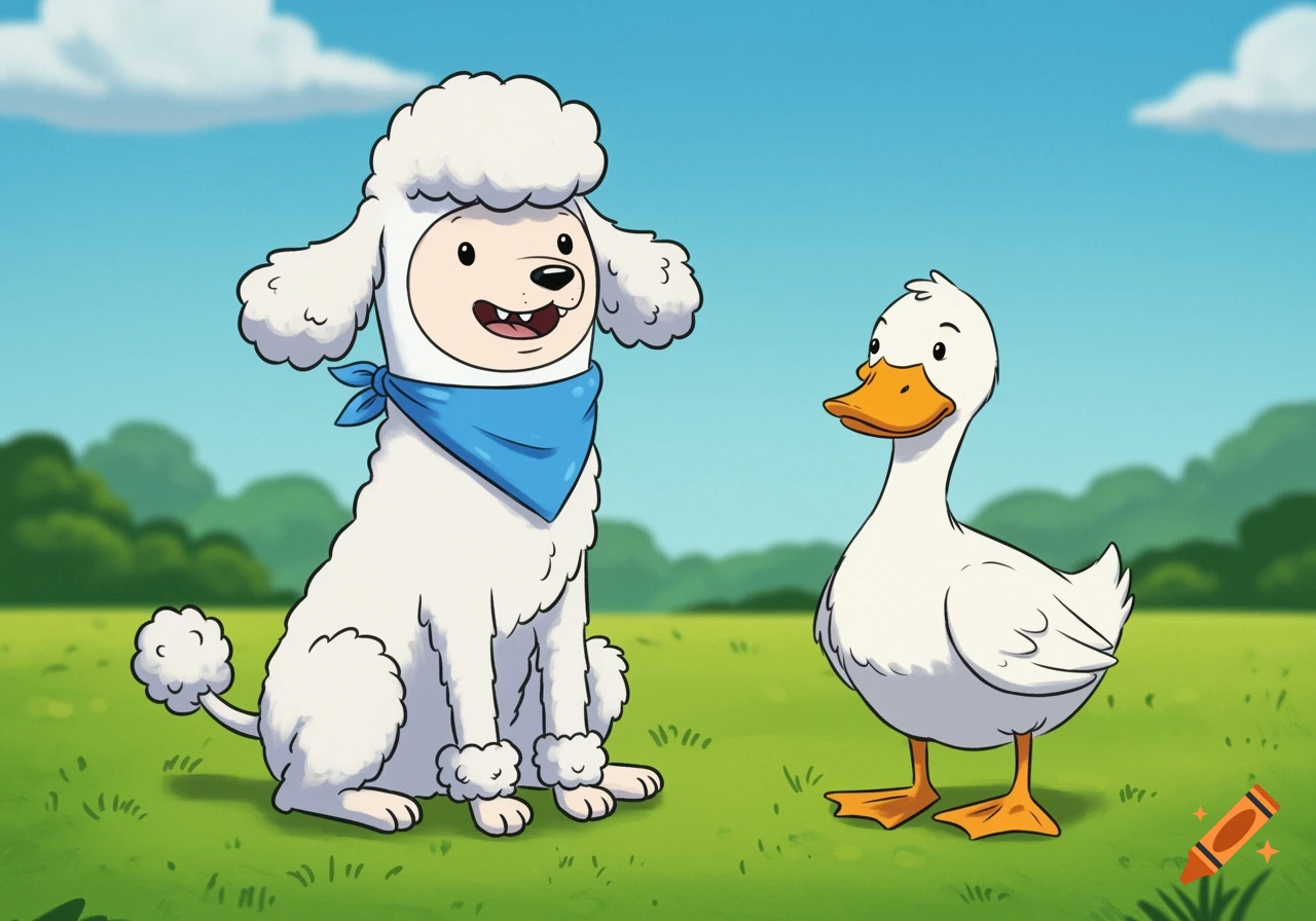 A cartoon poodle with a blue bandana sits next to a white duck in a grassy field under a blue sky.