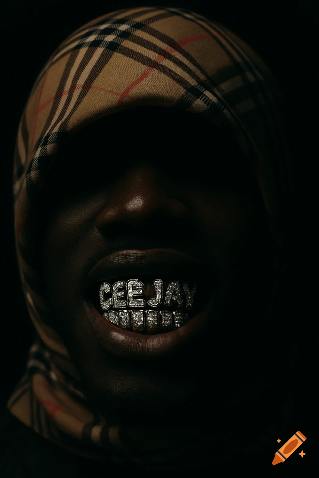 Close-up of a person's mouth with a diamond grill spelling 'CEE JAY' and a Burberry scarf in a dark, photorealistic setting.