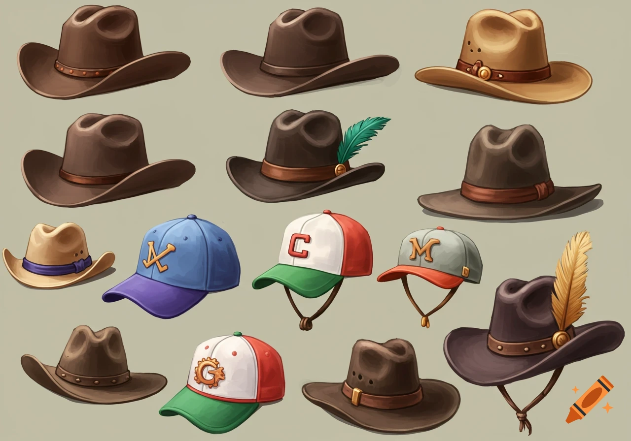 A grid of various cartoon-style hats, including brown cowboy hats and colorful baseball caps with letters 'A', 'C', 'M', and a gear logo.