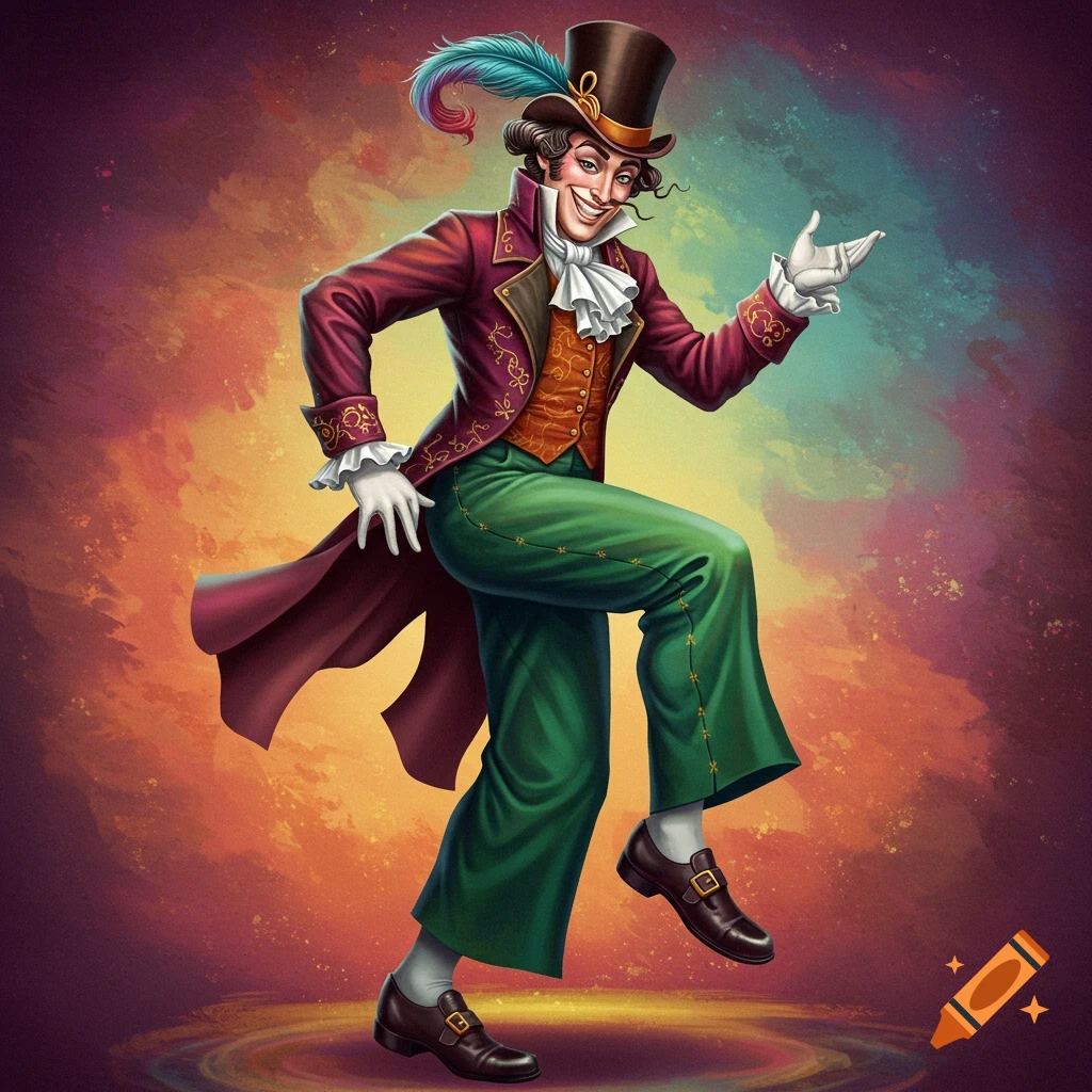 A flamboyant dandy in a maroon coat, green pants, and top hat with a feather dances, striking a pose.