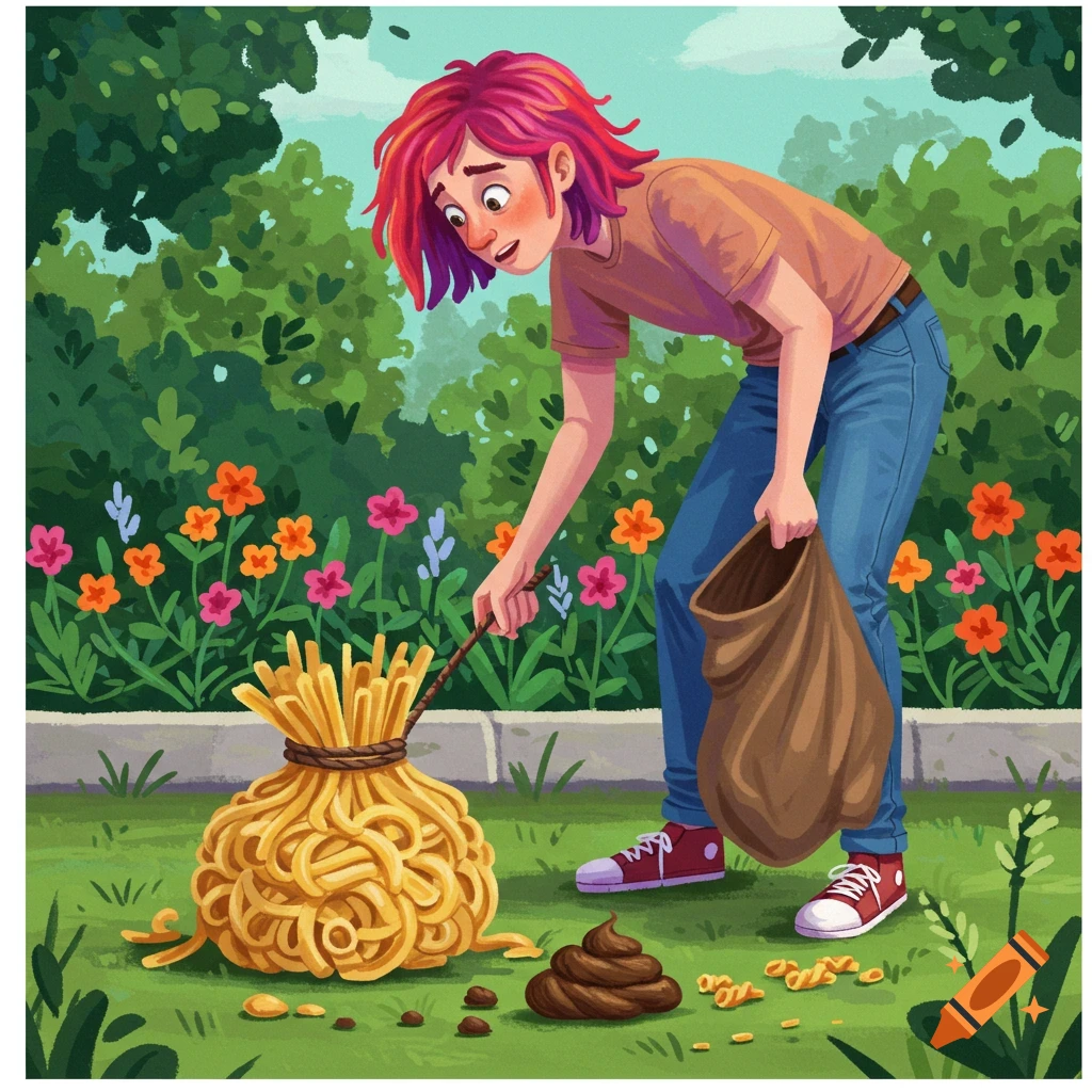 An illustration of a person with pink hair bending down to pick up a pile of poop with a large bag made of spaghetti and french fries in a garden.