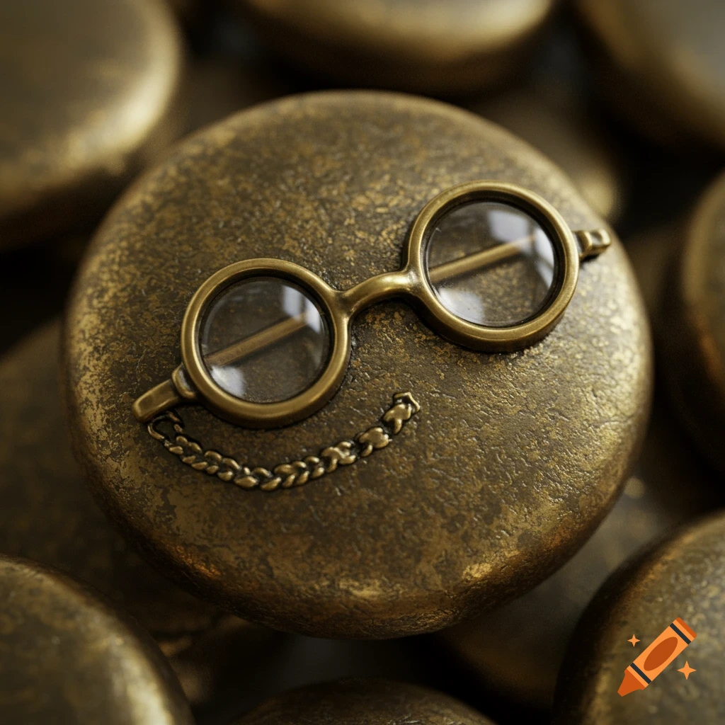 A macro shot of small, round, antique-style glasses with a chain resting on a textured, dark bronze button.
