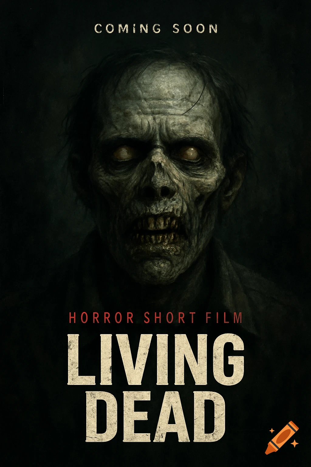 A dark horror movie poster featuring a decaying zombie head with glowing eyes and exposed teeth. Text reads 'COMING SOON', 'HORROR SHORT FILM', and 'LIVING DEAD'.
