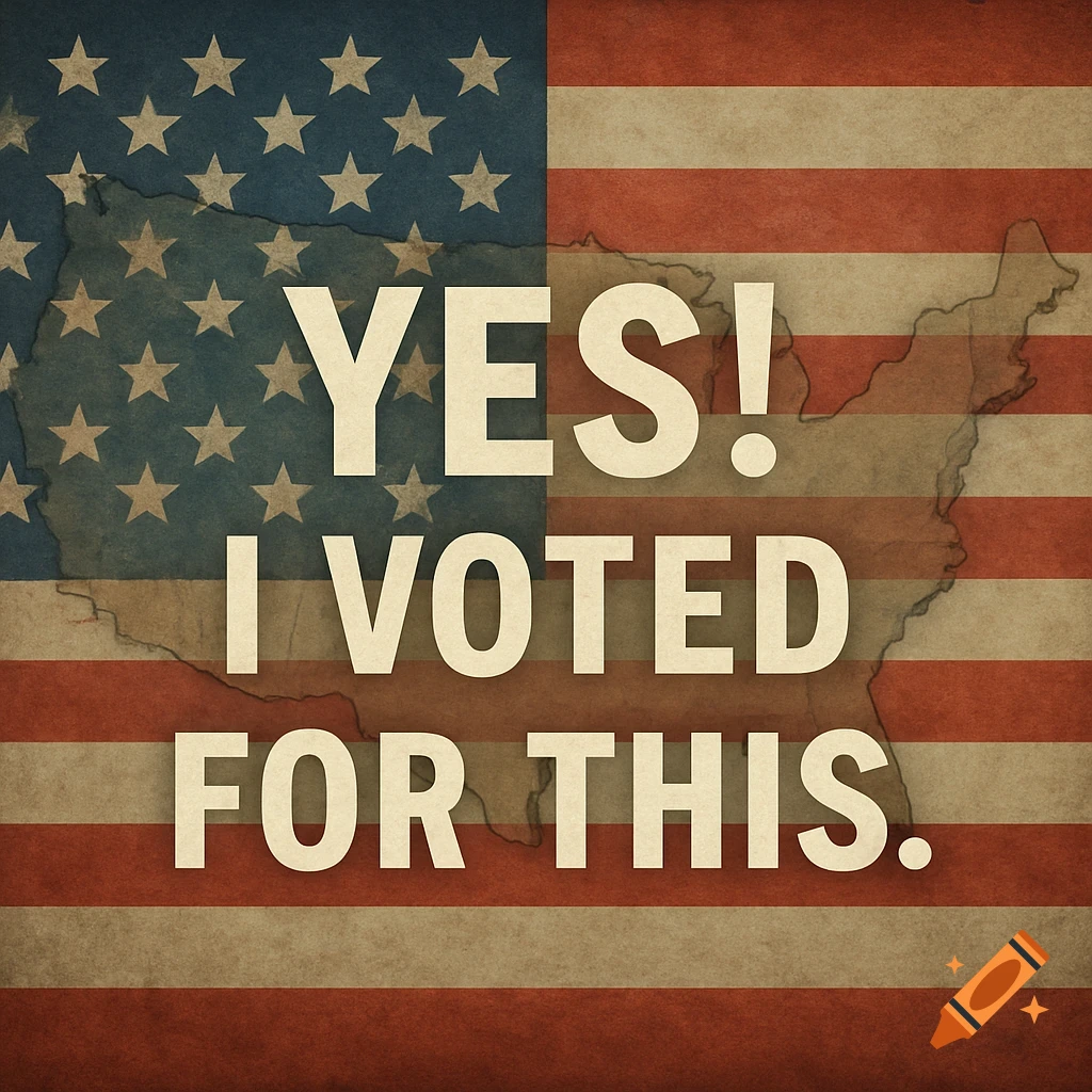 A distressed American flag with a faded map of the USA in the background and the text "YES! I VOTED FOR THIS." in the foreground.