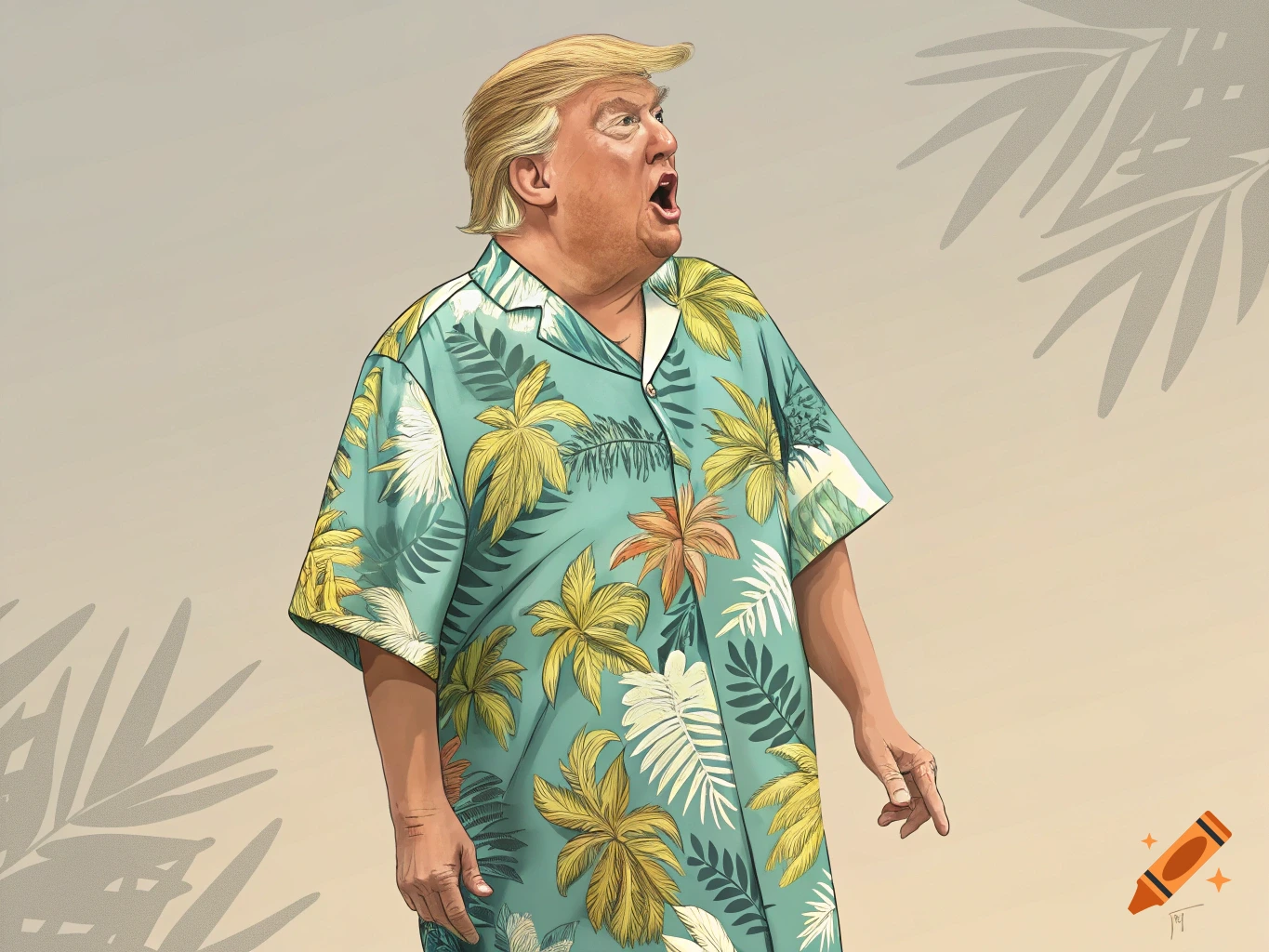 Caricature of Donald Trump wearing a patterned Hawaiian shirt, mouth open, with palm leaf shadows in the background.