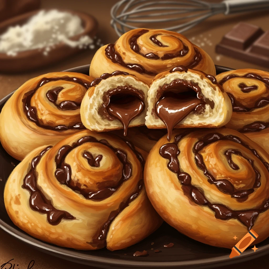 Close-up of a plate of chocolate swirled pastries, one cut open revealing a gooey chocolate filling.