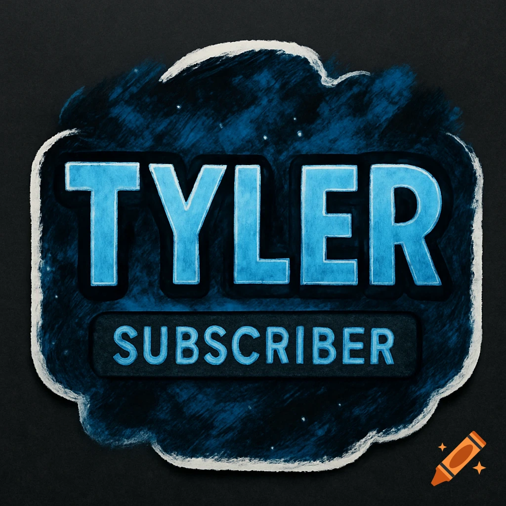 A blue and black stylized sticker with the name TYLER and the word SUBSCRIBER on a textured background with a white outline.
