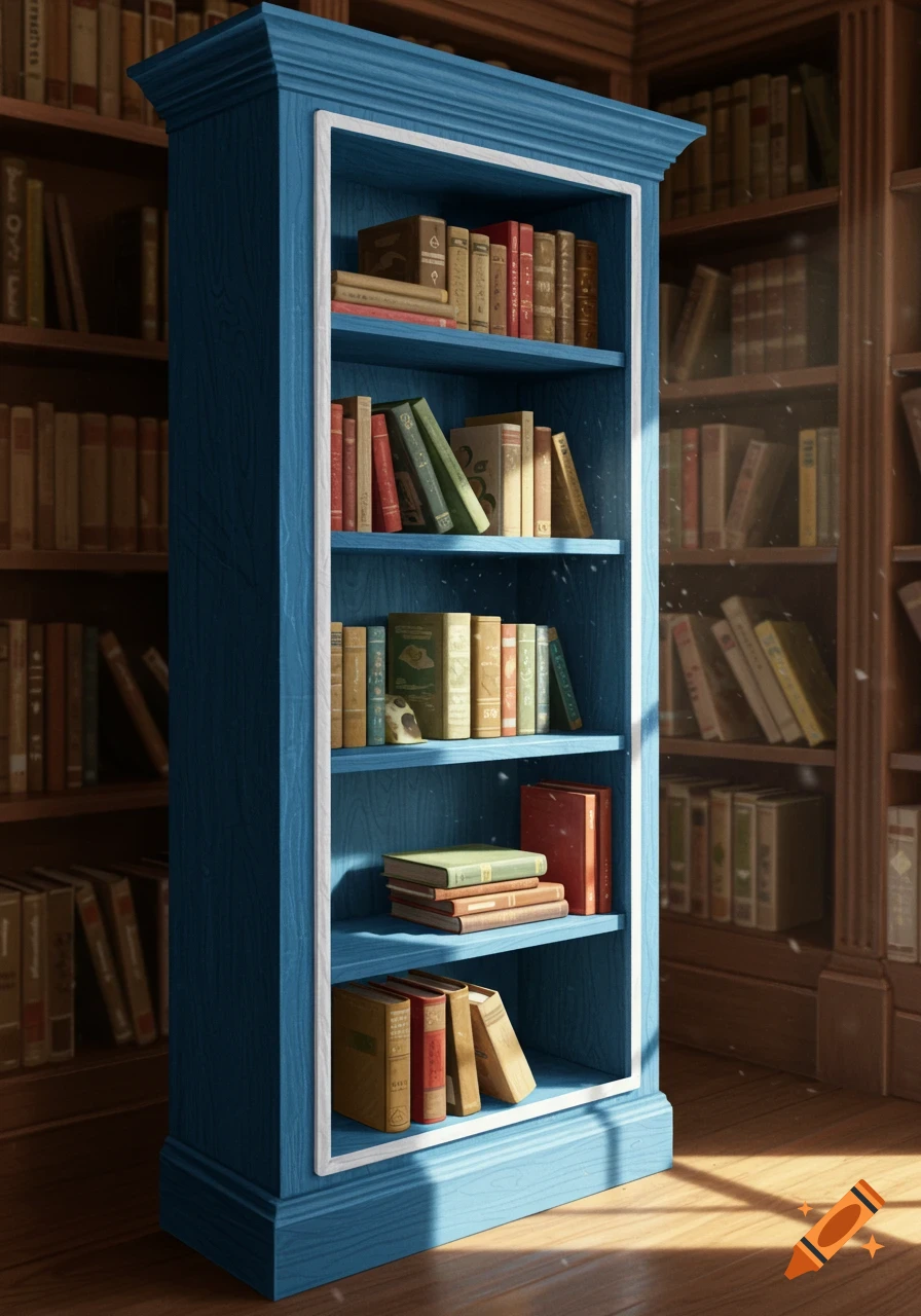 A blue bookshelf with white trim filled with old books, illuminated by sunlight in a library.