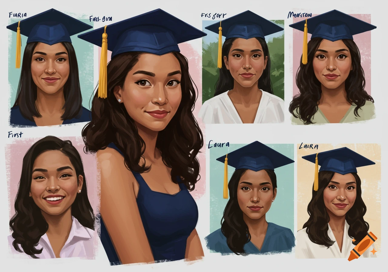 Multiple painted portraits of a smiling woman in a blue graduation cap and gown.