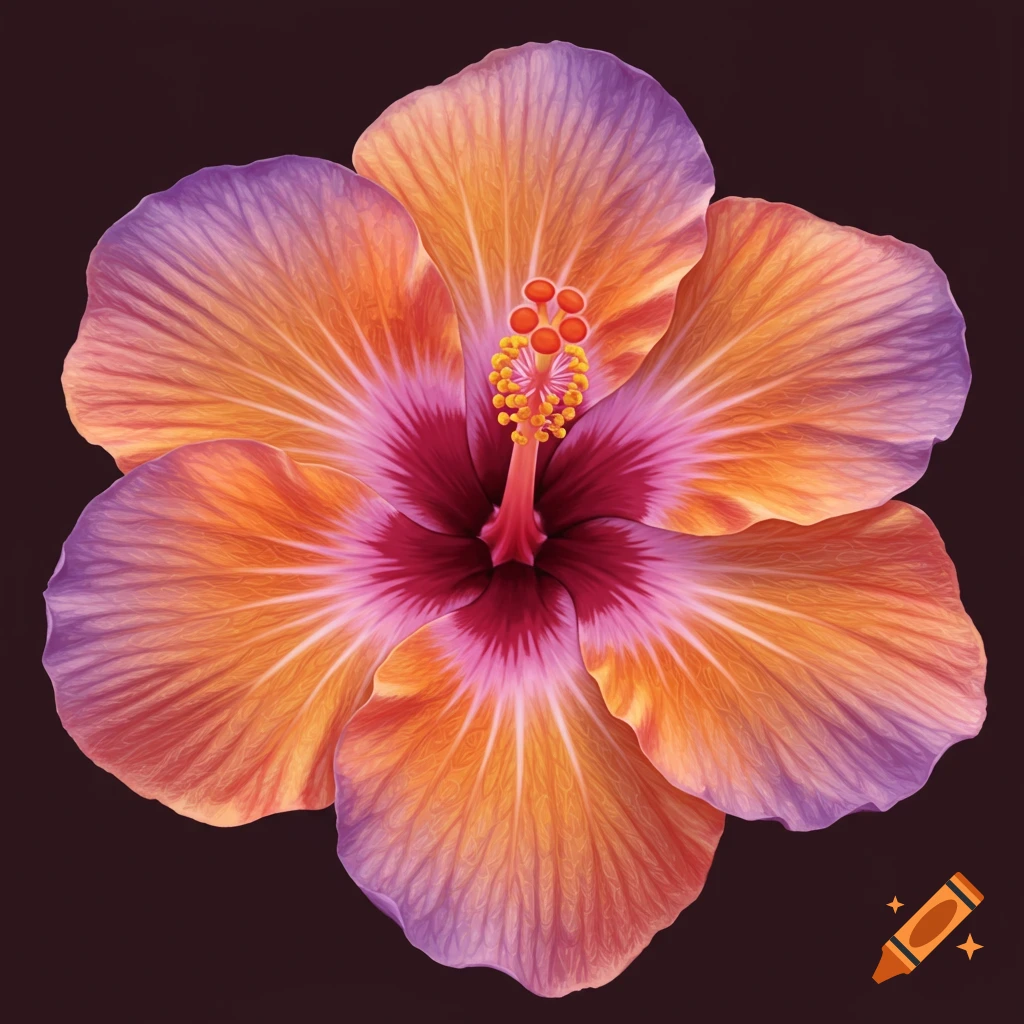 A vibrant hibiscus flower with petals fading from purple on the outside to orange towards the center, with a pink center.