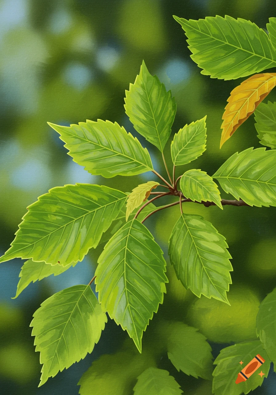 Close-up of vibrant green tree leaves on a branch against a blurred ...