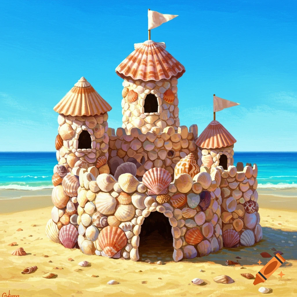 A vibrant, detailed painting of a sandcastle made of various seashells on a sandy beach under a bright blue sky, with the ocean in the background.