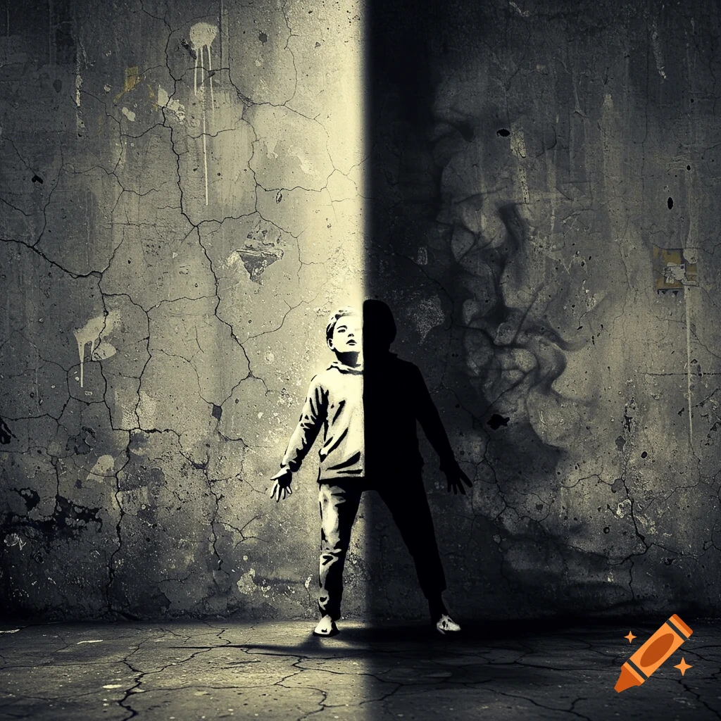 A monochrome stencil art figure, split by light and shadow, stands against a cracked urban wall, symbolizing hope and despair.