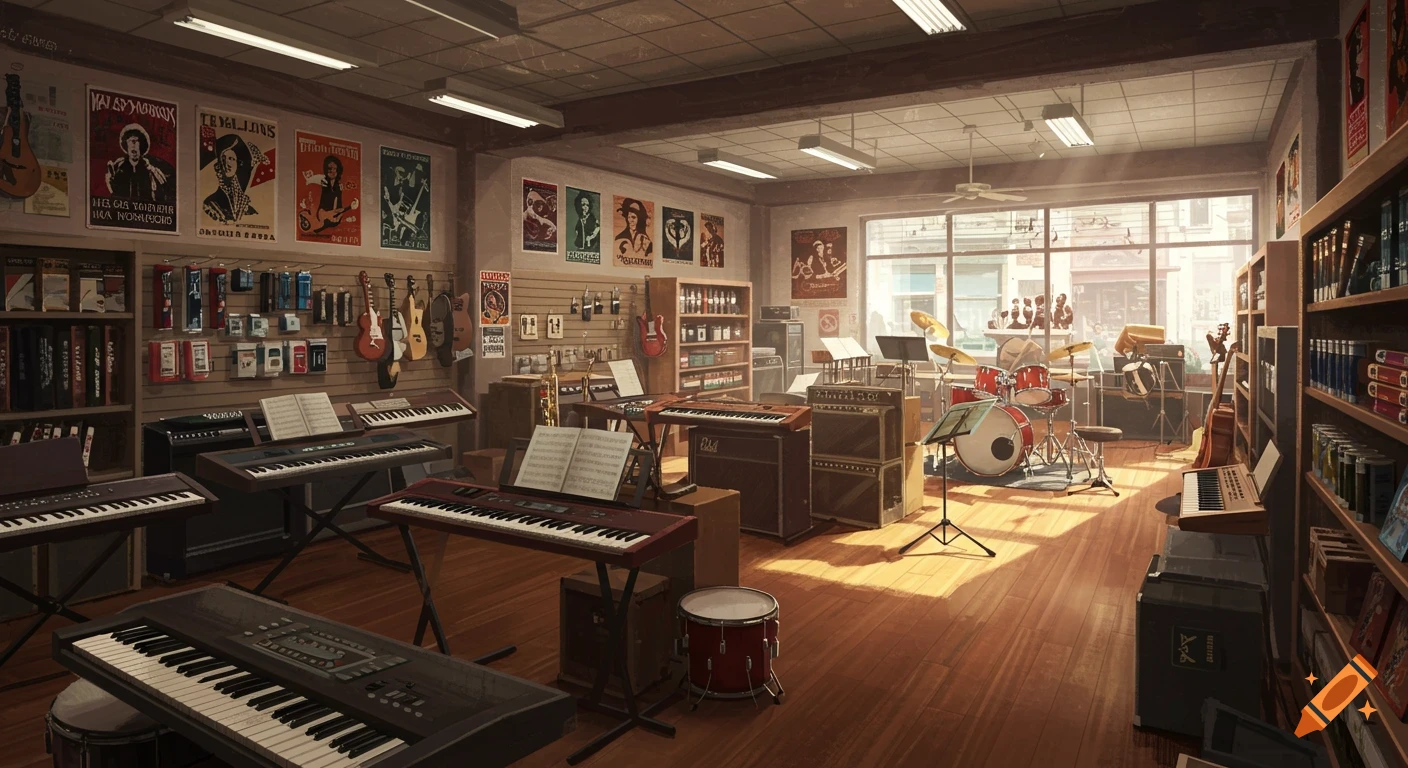 A detailed, photorealistic view of the interior of a music shop, featuring various keyboards, guitars, a drum set, and amps. Sunlight streams through a large front window.