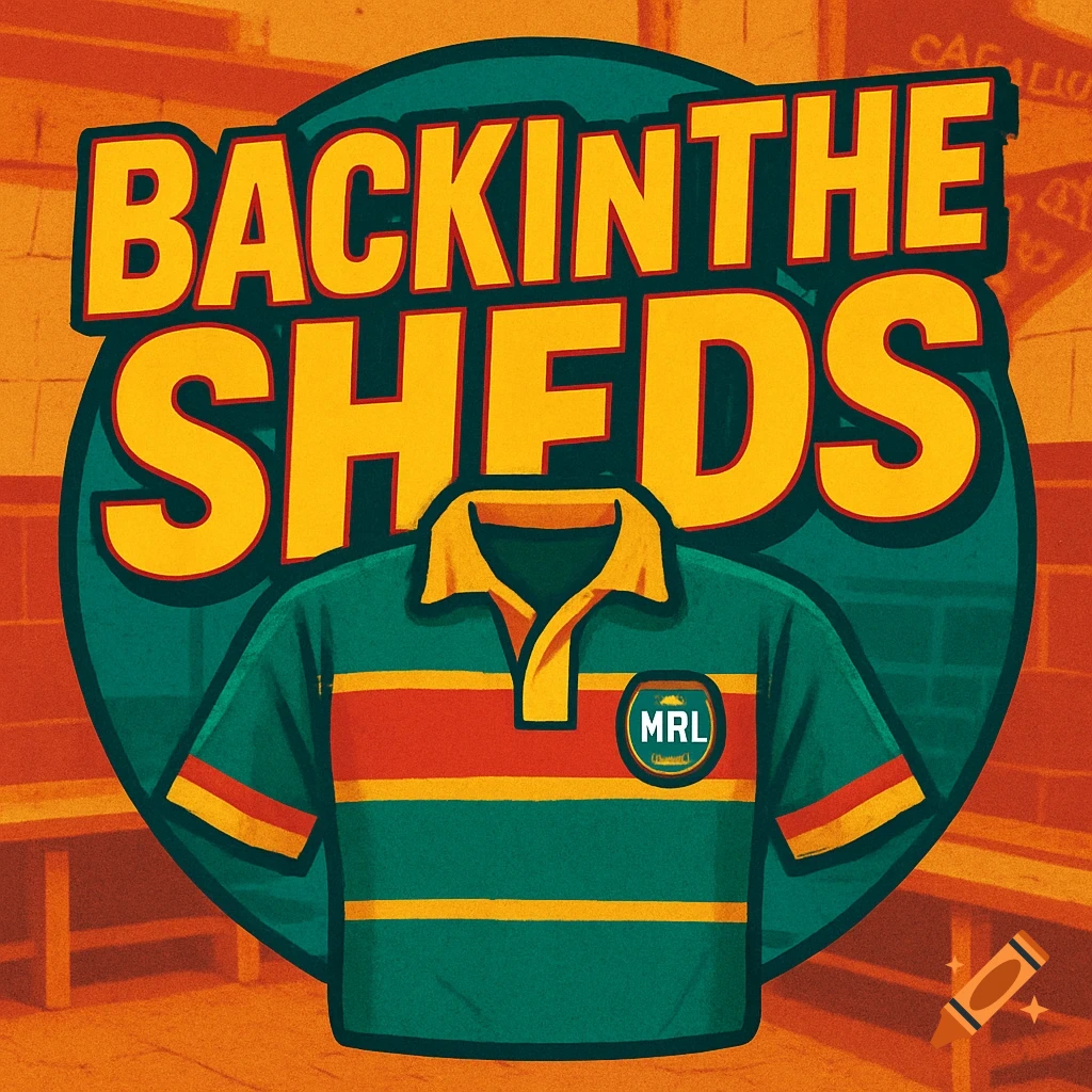 Vibrant retro-style image with 'BACKINTHE SHEDS' text over a green, yellow, and red rugby league jersey with 'MRL' logo. Locker room background.