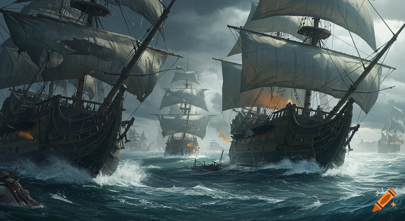 Two large pirate ships battle in treacherous, stormy seas, with other damaged ships in the background under an ominous sky.