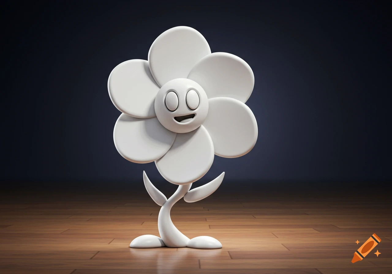 A white 3D cartoon flower character with a face, standing on a wooden floor against a dark background.