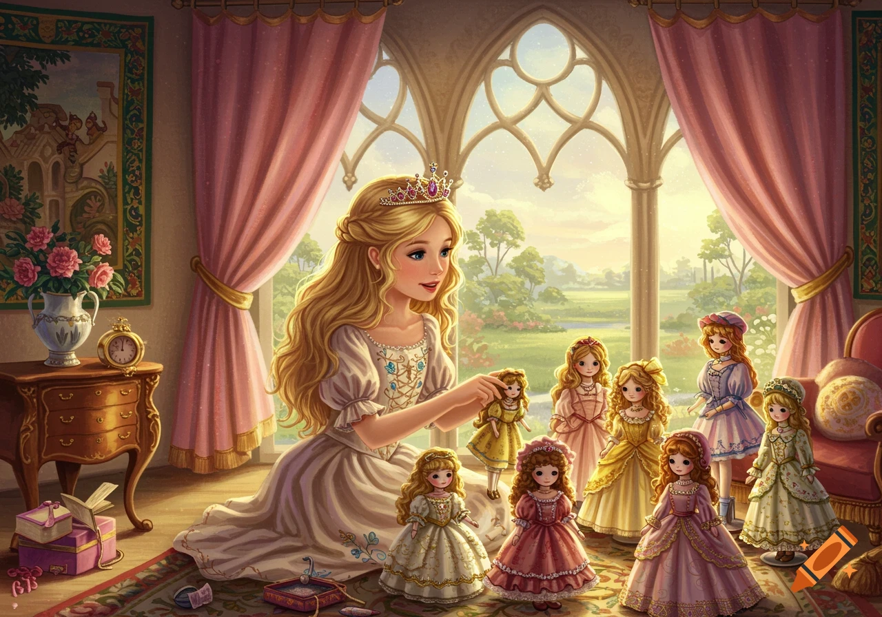 An illustrated fairytale scene of a blonde princess playing with her many dolls in a royal bedroom with pink curtains and a large arched window.