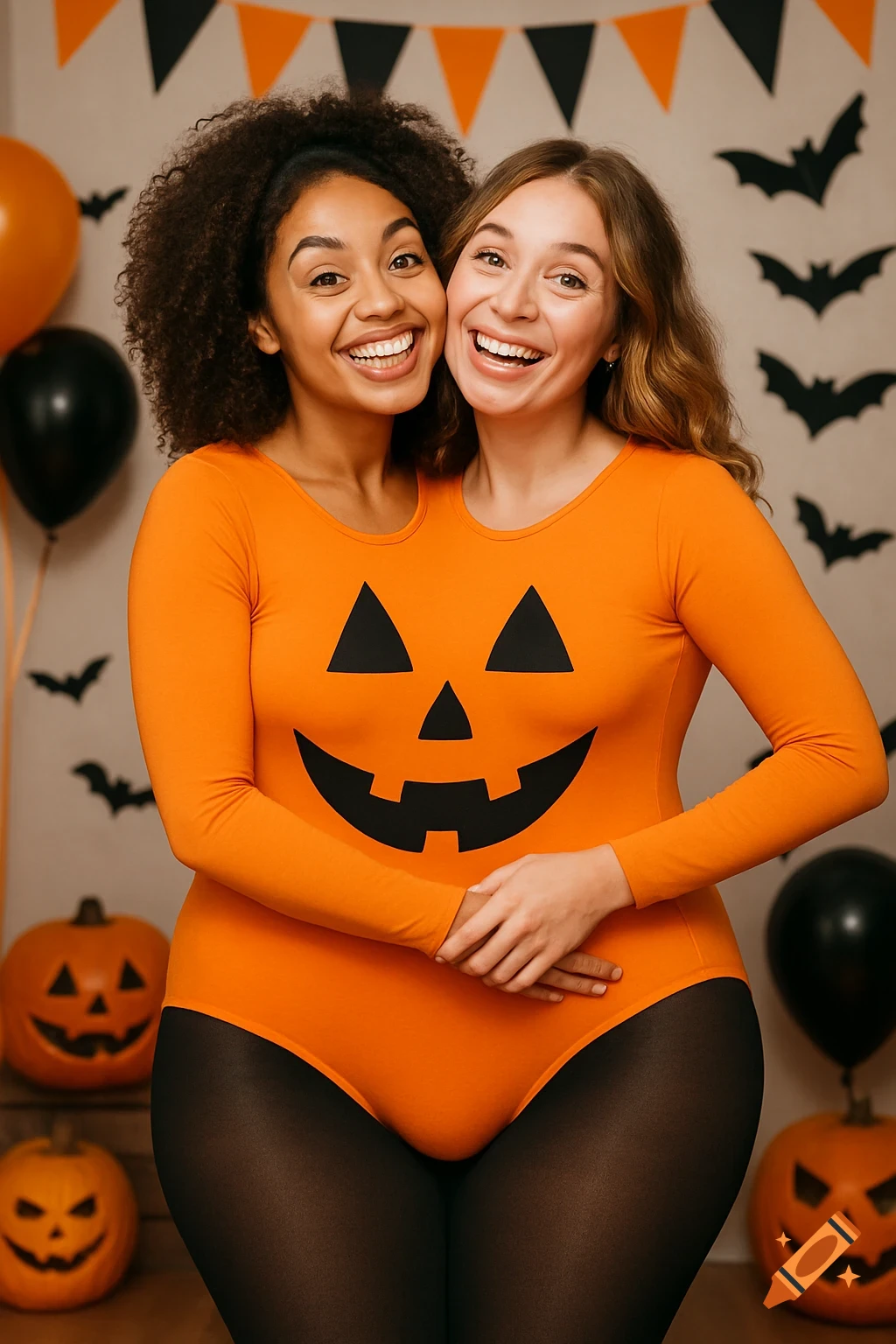 Two smiling women in a pumpkin leotard illusion at a Halloween party with balloons and jack-o'-lanterns.