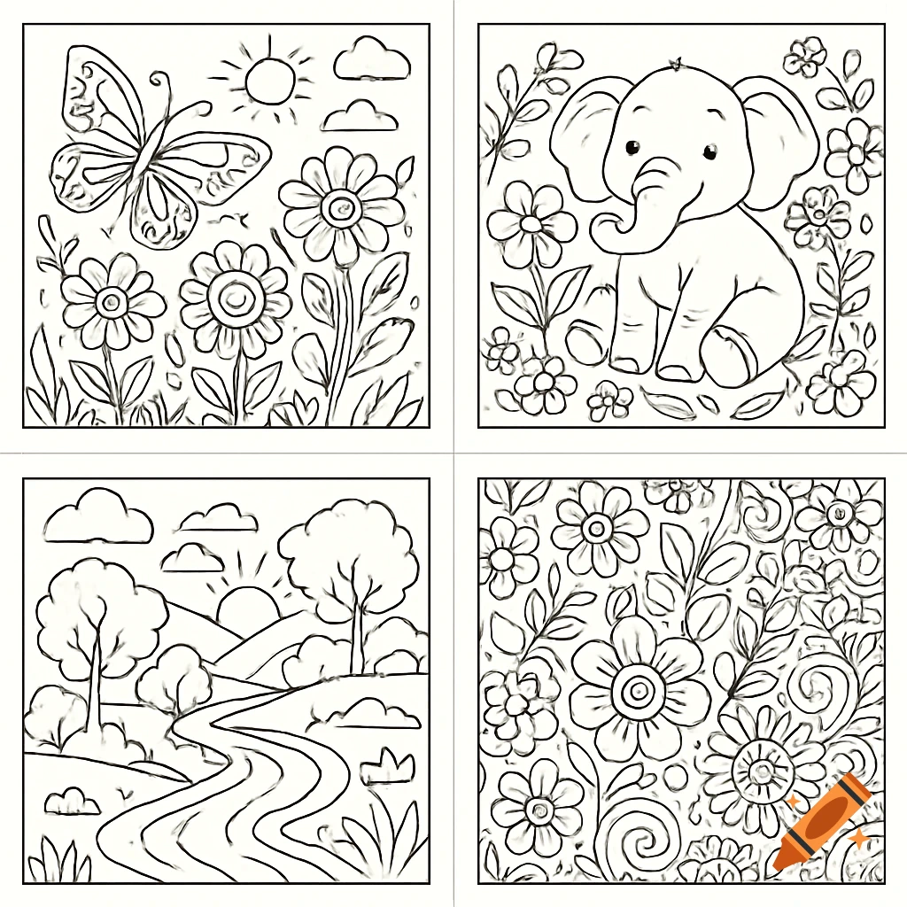 Four black and white coloring pages: a butterfly with flowers, a baby elephant in a garden, a river landscape, and a floral pattern.