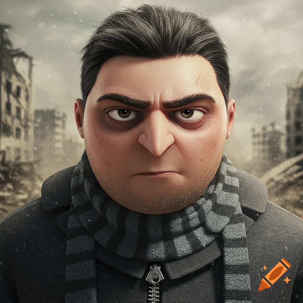 A realistic, close-up portrait of a serious, Gru-like man in a dark coat and striped scarf against a ruined, apocalyptic city background.