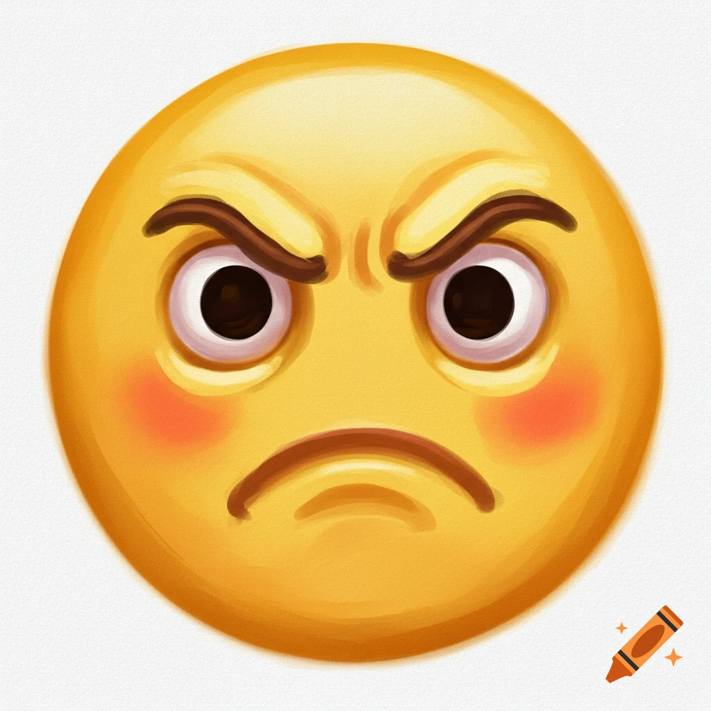 An angry yellow face emoji with furrowed brows and a downturned mouth, depicted in a digital painting style.