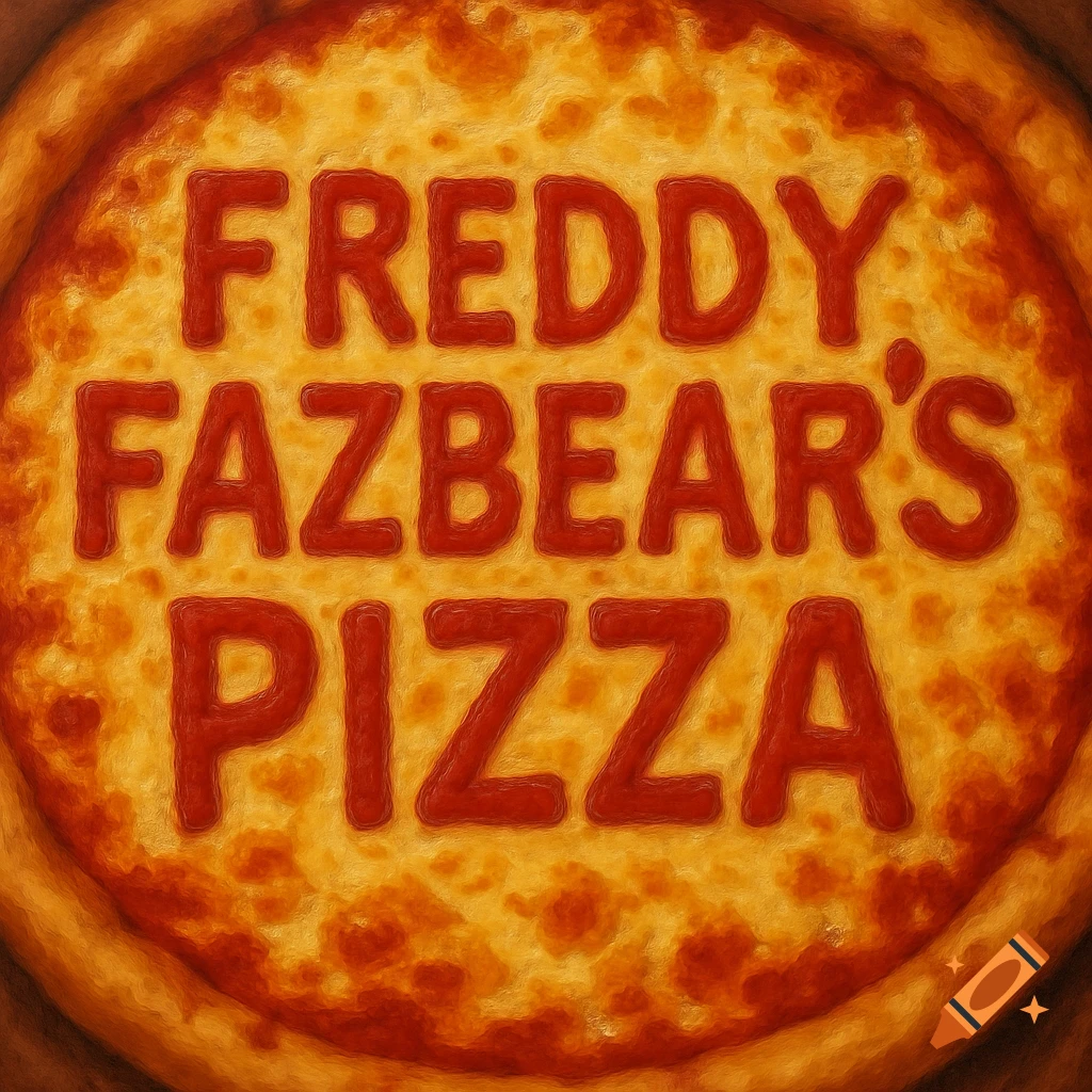 A top-down view of a whole pizza with 'FREDDY FAZBEAR'S PIZZA' written in red sauce on the cheese, featuring a textured style.