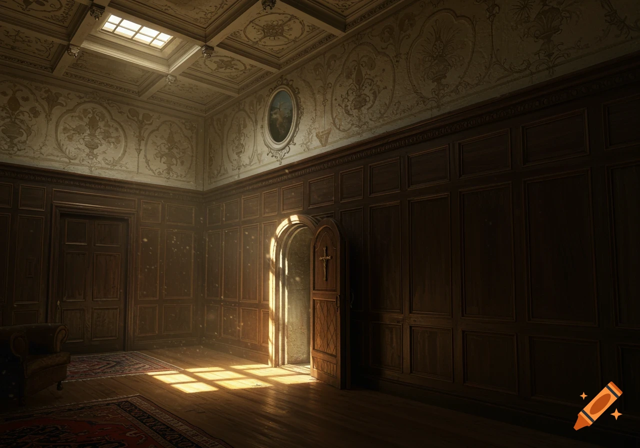 A dark, ornate room in an old manor house with wood paneling, decorative wallpaper, and sunlight streaming through a partially open arched door with a cross.
