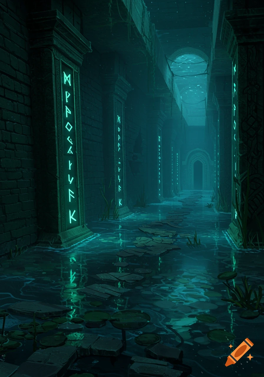 A dark, ancient, flooded labyrinth with glowing green runes on stone pillars and a path of stepping stones through the water.