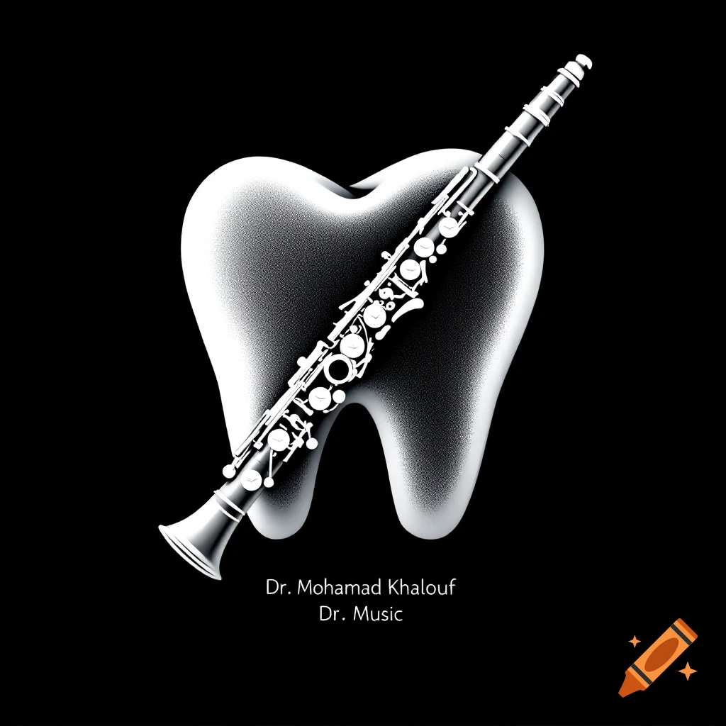 A white 3D tooth with a silver clarinet diagonally across it on a black background, with the text 'Dr. Mohamad Khalouf Dr. Music' below.