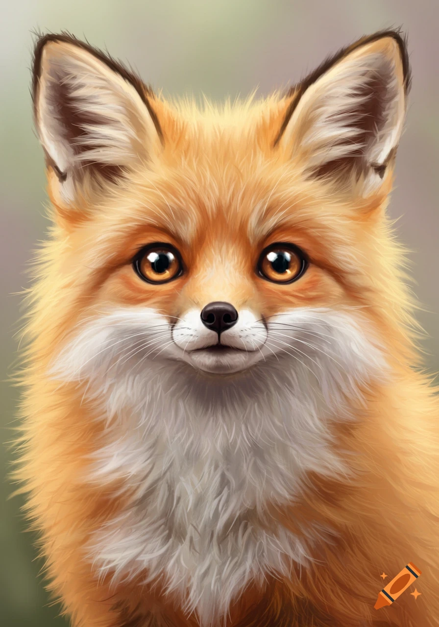 Close-up portrait of a cute orange fox with fluffy white and orange fur and large, dark, reflective eyes, in a digital painting style.